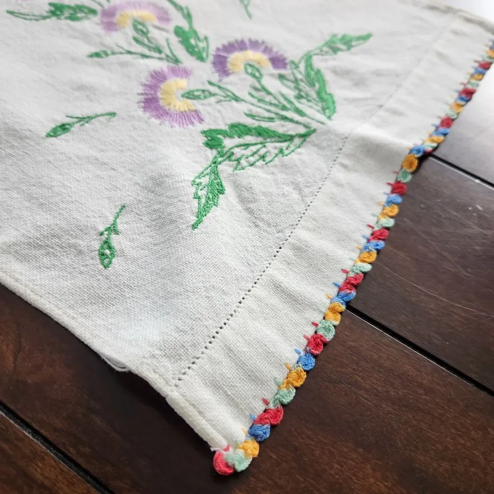 Vintage Floral Table Topper 36 x 12 Rectangle White w/ Multi-color‎ Trim Cotton